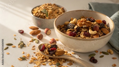 Hearty Granola Clusters with Nuts and Dried Fruit in Bowls