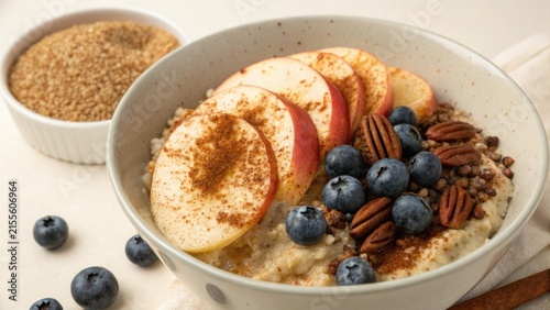 Hearty Millet Breakfast Bowl with Sliced Apples and Berries