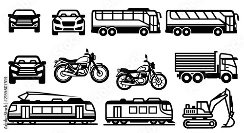 Collection of various vehicle icons with trucks buses motorcycles collection black white with transportation construction illustration automotive