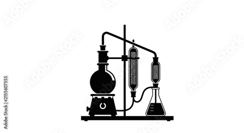 Laboratory distillation apparatus setup with black silhouette laboratory apparatus white background experiment industrial equipment chemistry