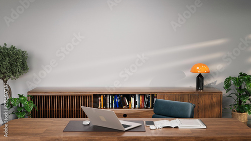 Warm Mid Century Home Office with Wooden Desk and Copy Space
