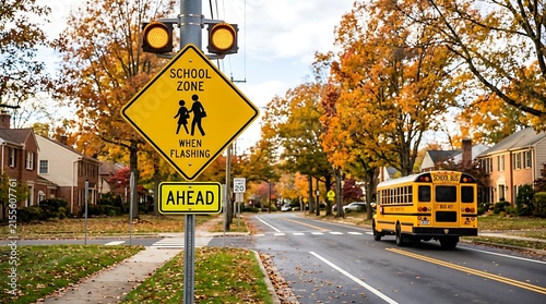 Yellow school zone warning sign with flashing lights on a street with a school bus driving in autumn