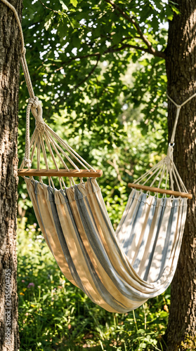 Cream and pale blue striped hammock in summer tree shade, dappled leaf light patterns on fabric surface, wooden spreader bar, garden blur behind