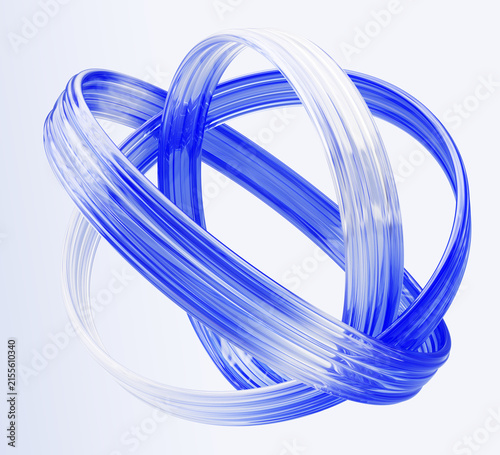 Dynamic 3D sphere of transparent blue liquid glass lines, circle rings on light background. Abstract geometric circular ribbons with wavy water texture. Modern graphic design element. 3D illustration