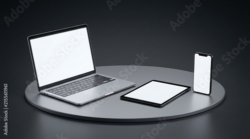 Modern Electronic Devices on Dark Gray Platform with Laptop, Tablet and Smartphone