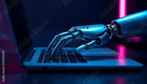 Futuristic Robotic Hand Typing on Laptop Keyboard with Neon Technology Lighting