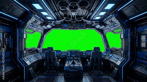 Futuristic Spaceship Cockpit with Green Screen and High-Tech Control Panels