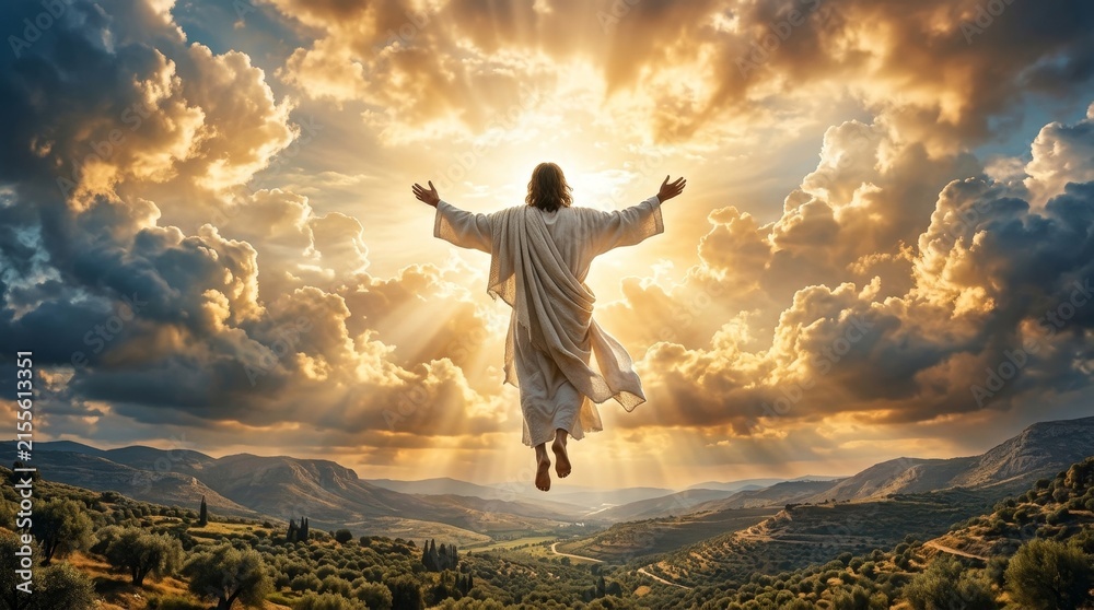 Fototapeta premium Jesus rising to sky, savior in white robe with open arms above green hills, golden clouds scene. Holy ascension with sun rays and warm light over valley, faith mood. Jesus heaven concept