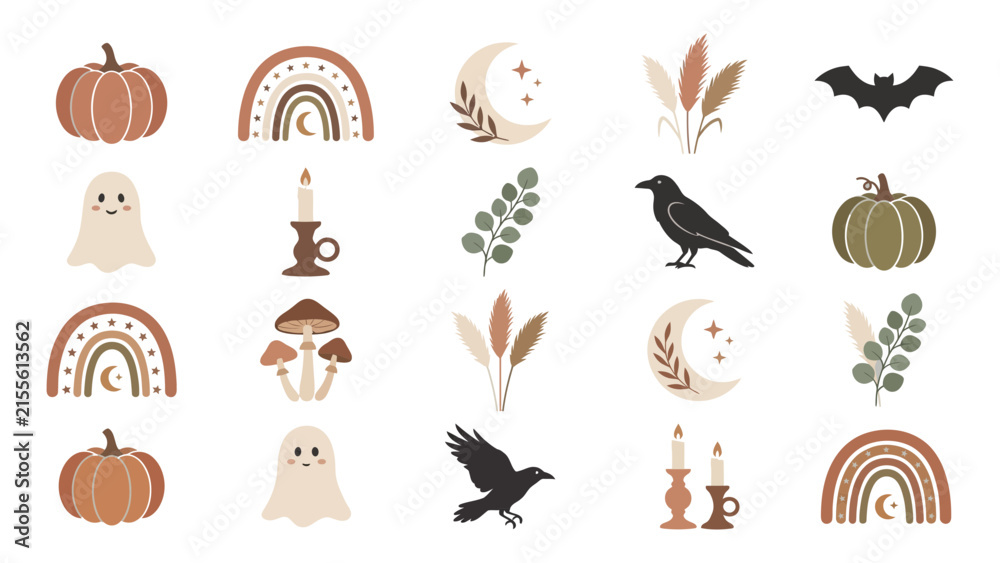 Obraz premium Set of cute autumn and halloween icons featuring pumpkins ghosts rainbows ravens bats candles and dried plants in a boho style for fall season decoration and creative graphic design projects Vector