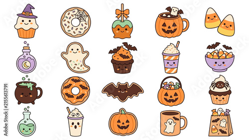 Set of cute kawaii halloween icons with pumpkin candy donut ghost bat potion cup and spider cupcake illustrations for holiday celebration and spooky party decoration design elements collection Vector