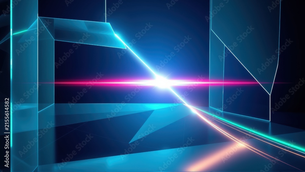 Obraz premium Abstract neon lines create futuristic space. Bright beams intersect, forming geometric shapes against dark background. Vivid colors dominate.