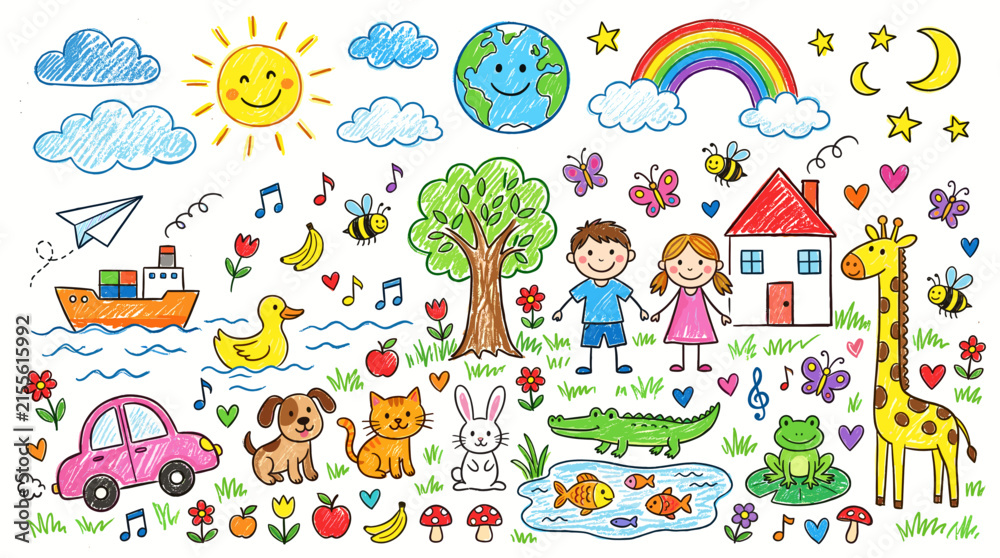 Naklejka premium Child doodle drawing. Kids hand drawn illustration. Cute colorful kid crayon painting, pencil animals, chalk rainbow, house, planets. Funny kindergarten prints. Vector set