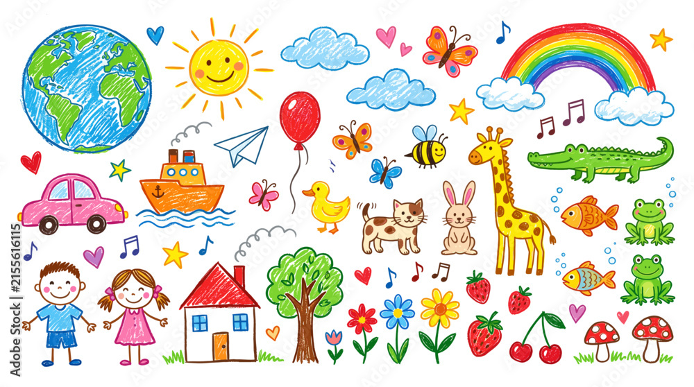 Naklejka premium Child doodle drawing. Kids hand drawn illustration. Cute colorful kid crayon painting, pencil animals, chalk rainbow, house, planets. Funny kindergarten prints. Vector set