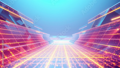 Futuristic tunnel glows with vibrant neon lights. Red, blue hues create digital highway effect. Perspective draws viewer inward.