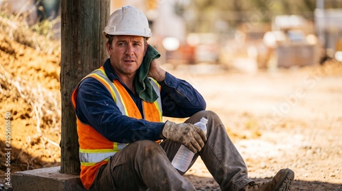 Construction worker cools down during a shaded heat break