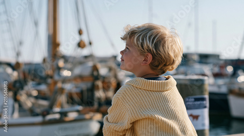 Child at eye level in a crowded marina watching a nautical rigger splice rope overhead, close perspective framing the child's fascinated face against a tangle of rigging lines and