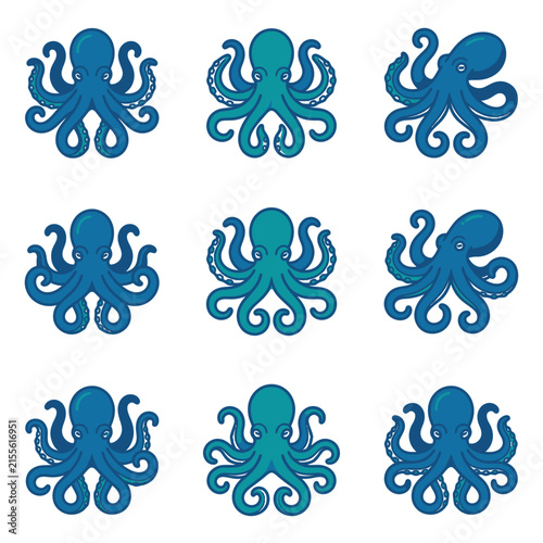 Nine Colorful Octopus Illustrations in a Grid
