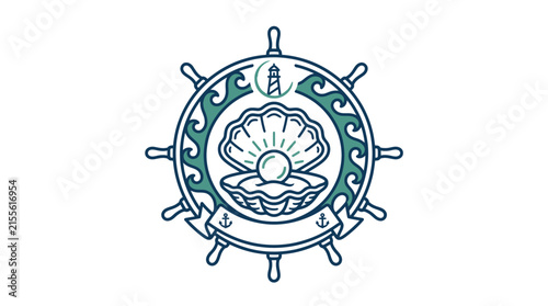 Nautical Emblem with Pearl and Lighthouse