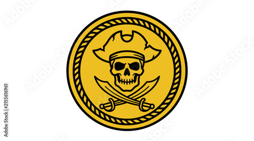 Pirate skull and swords gold coin emblem