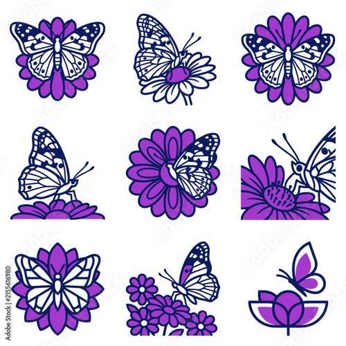 Purple Butterflies and Flowers Illustration Set