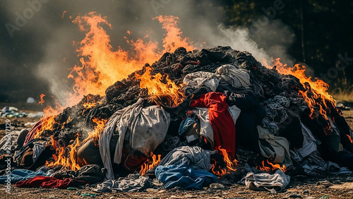 Pile of Clothes on Fire: A large pile of discarded clothing engulfed in flames, symbolizing destruction and waste, with smoke rising into the air.