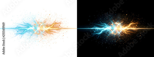 Explosive fire and ice energy clash bursting in vivid blue and orange with PNG, Transparent and Black Background Versions