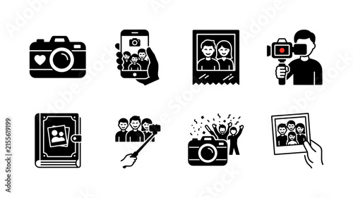 Capturing Happy Memories. Filled icon set of Capturing Happy Memories: camera with heart, smartphone taking group photo, instant photo with smiling people, person recording video, family photo album,