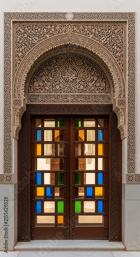 Ornate Archway with Stained Glass Doors: An elaborately carved archway frames a pair of exquisite wooden doors featuring colorful stained glass panels.