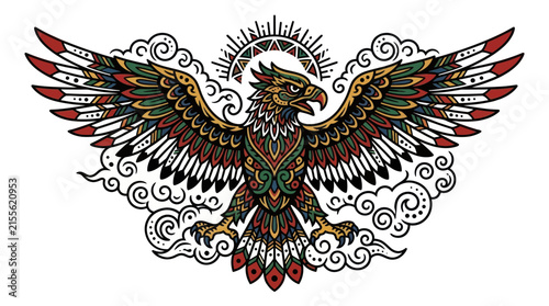 Ornate Eagle Emblem with Tribal Patterns and Sunburst