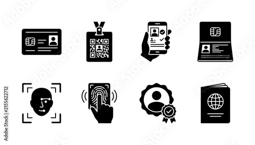 Digital Identification. Filled icon set of Digital Identification: electronic ID card, QR identity badge, smartphone identification, biometric passport, face scan frame, fingerprint scanner, verified