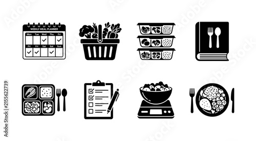 Healthy meal planning. Filled icon set of Healthy meal planning: weekly meal planner, grocery basket with vegetables, prepared meal containers, healthy recipe book, portioned lunch box, shopping