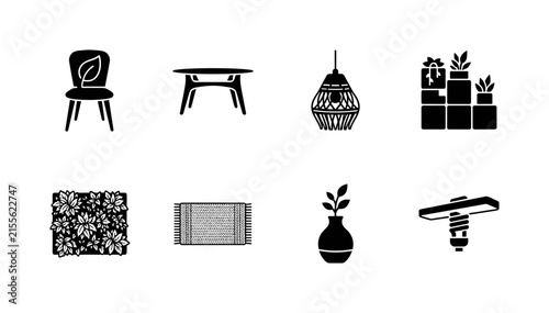 Sustainable Design Trends. Filled icon set of Sustainable Design Trends: eco chair with leaf, minimalist wooden table, recycled material lamp, modular furniture, green wall panel, natural fiber rug,