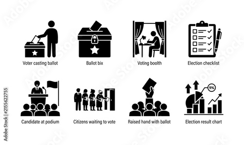 Democratic elections. Filled icon set of Democratic elections: voter casting ballot, ballot box, voting booth, election checklist, candidate at podium, citizens waiting to vote, raised hand with
