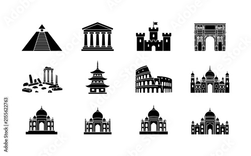 World heritage landmarks. Filled icon set of World heritage landmarks: ancient pyramid, classical temple columns, historic fortress, monumental arch, archaeological ruins, sacred pagoda, ancient