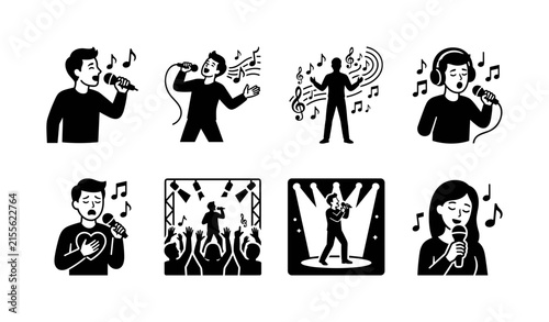 Singing and self-expression through music. Filled icon set of Singing and self-expression through music: person singing into microphone, expressive vocalist, musical notes around singer, person