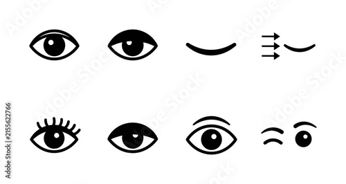 Blinking. Filled icon set of Blinking: open eye, closed eye, half-closed eye, blinking eye sequence, eye with eyelashes, sleepy eye, surprised eye, winking eye. Solid icons set. All icons in only