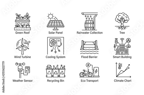 Climate adaptation. Line outline icon set of Climate adaptation: green roof, solar panel, rainwater collection, tree, wind turbine, cooling system, flood barrier, smart building, weather sensor,