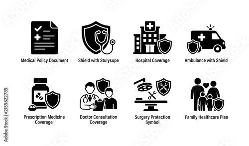 Medical Insurance Coverage. Filled icon set of Medical Insurance Coverage: medical policy document, shield with stethoscope, hospital coverage, ambulance with shield, prescription medicine coverage,