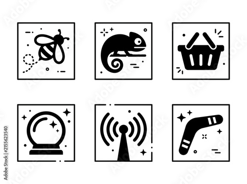 Set of six black and white vector icons featuring a bee, chameleon, shopping basket, crystal ball, antenna, and boomerang.