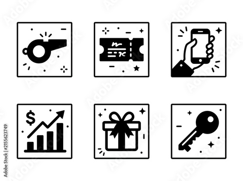 Six black and white line art icons representing various concepts like sports, events, mobile technology, finance, gifts, and access.