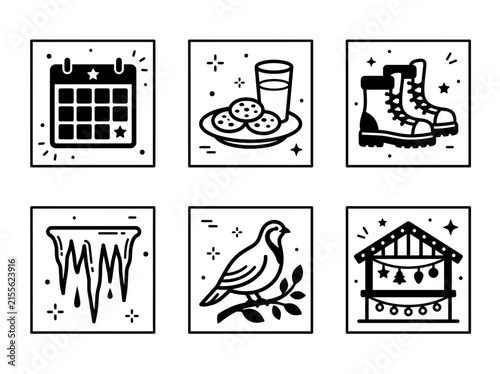 Black and white line art icons depicting various winter and holiday elements including a calendar, cookies, boots, icicles, a bird, and a decorated birdhouse.