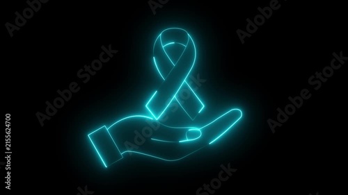 glowing neon hand holding a cancer awareness ribbon icon isolated on black background. symbolizing support, hope, and medical care for cancer survivors, patients, and healthcare charity