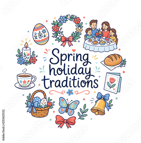 Spring holiday traditions. Hand drawn illustration of Spring holiday traditions. flower wreath, decorated egg, family table, candle, bread loaf, teacup, greeting card, basket, butterfly, fresh leaves,