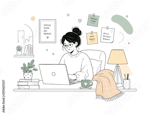 Working in a Cozy Home Environment. A focused person works on a laptop beside a warm lamp, soft blanket, and small potted plant. Floating notes, coffee steam, and gentle abstract shapes create a calm
