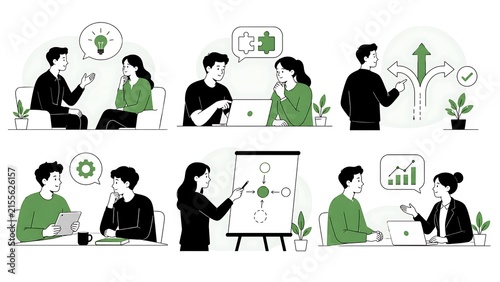 Minimalist, black-and-white characters with green Containing consulting, advice, coaching, problem solving, solutions, expertise, guidance, planning.