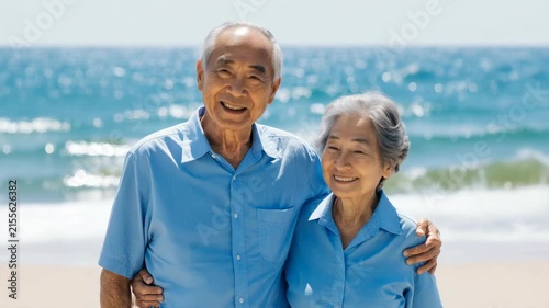Happy senior East Asian couple on a sunny beach. Elderly husband and wife smiling together. Retirement and vacation concept