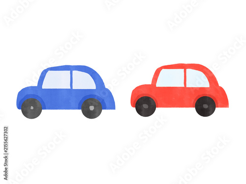 赤い車と青い車の手描き水彩風主線なしイラストのセット
