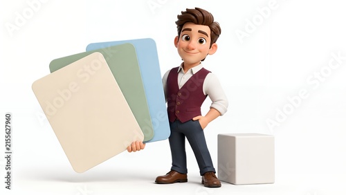 Cute 3D Business Presenter Holding Oversized Blank Cards
