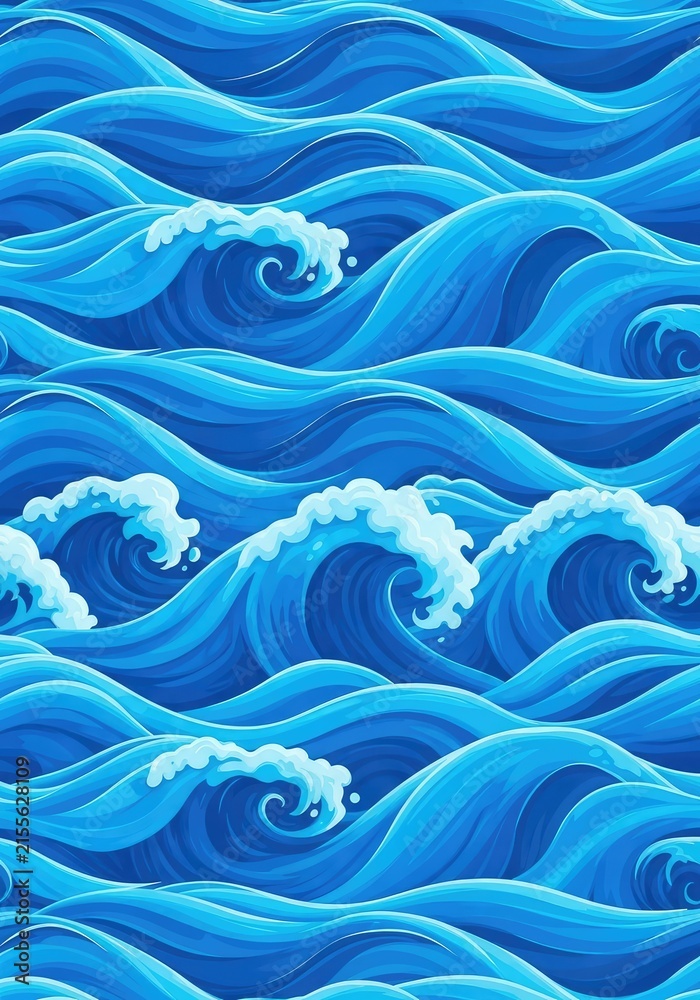 This seamless pattern features flowing blue waves in a repeating graphic style, perfect for backgrounds, textiles, and decorative wallpaper, swell, serene, organic