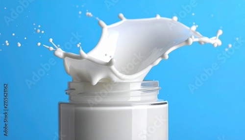 Fresh Milk Splash in Glass with Daisy on Blue Background Capturing Motion and Purity